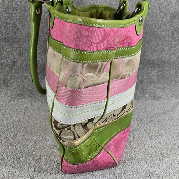 Coach Stripe Signature Monogram Purse Canvas Leather Tote Bag Pink Green - Picture 7 of 16